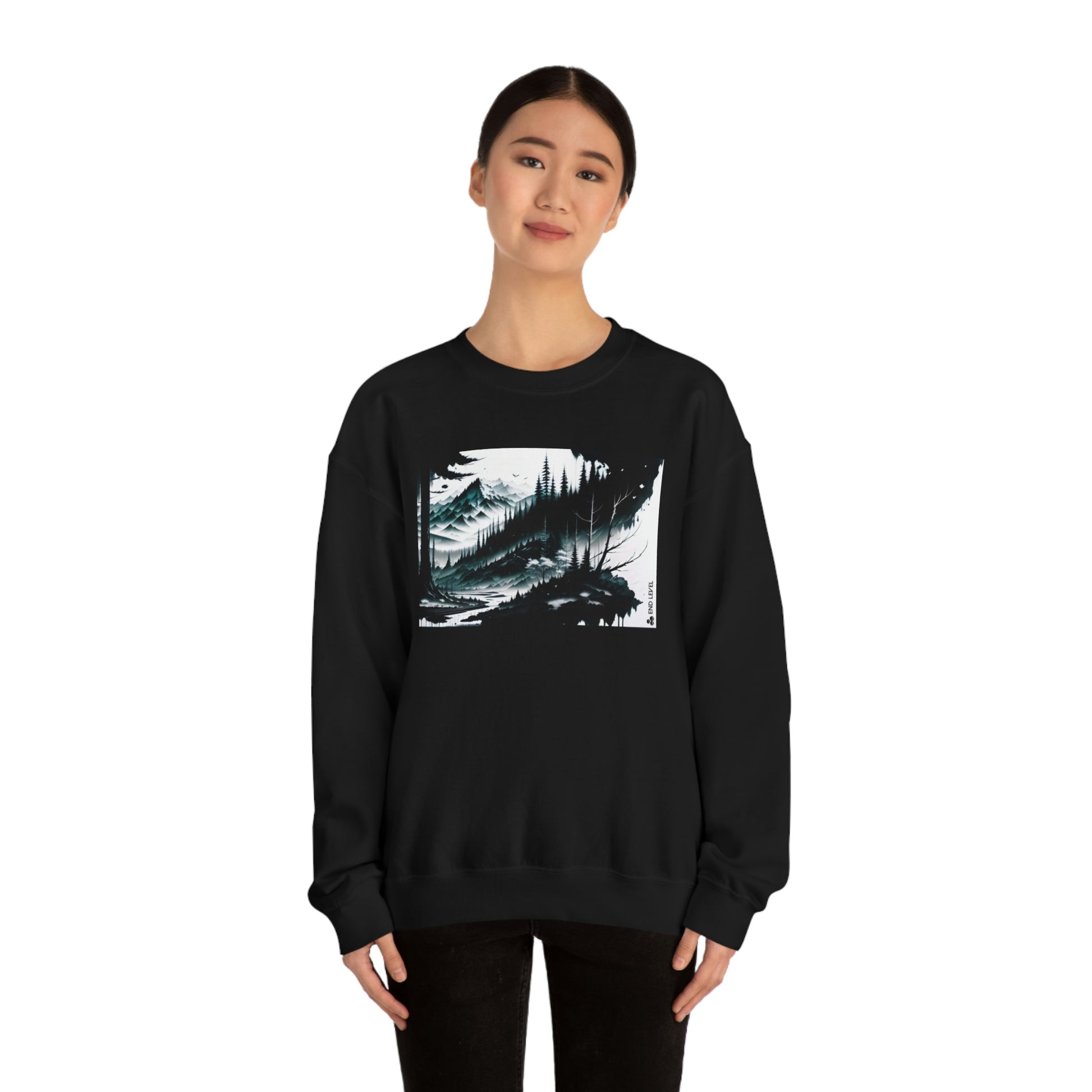 Woman wearing Grim Peak black sweatshirt with black pants.