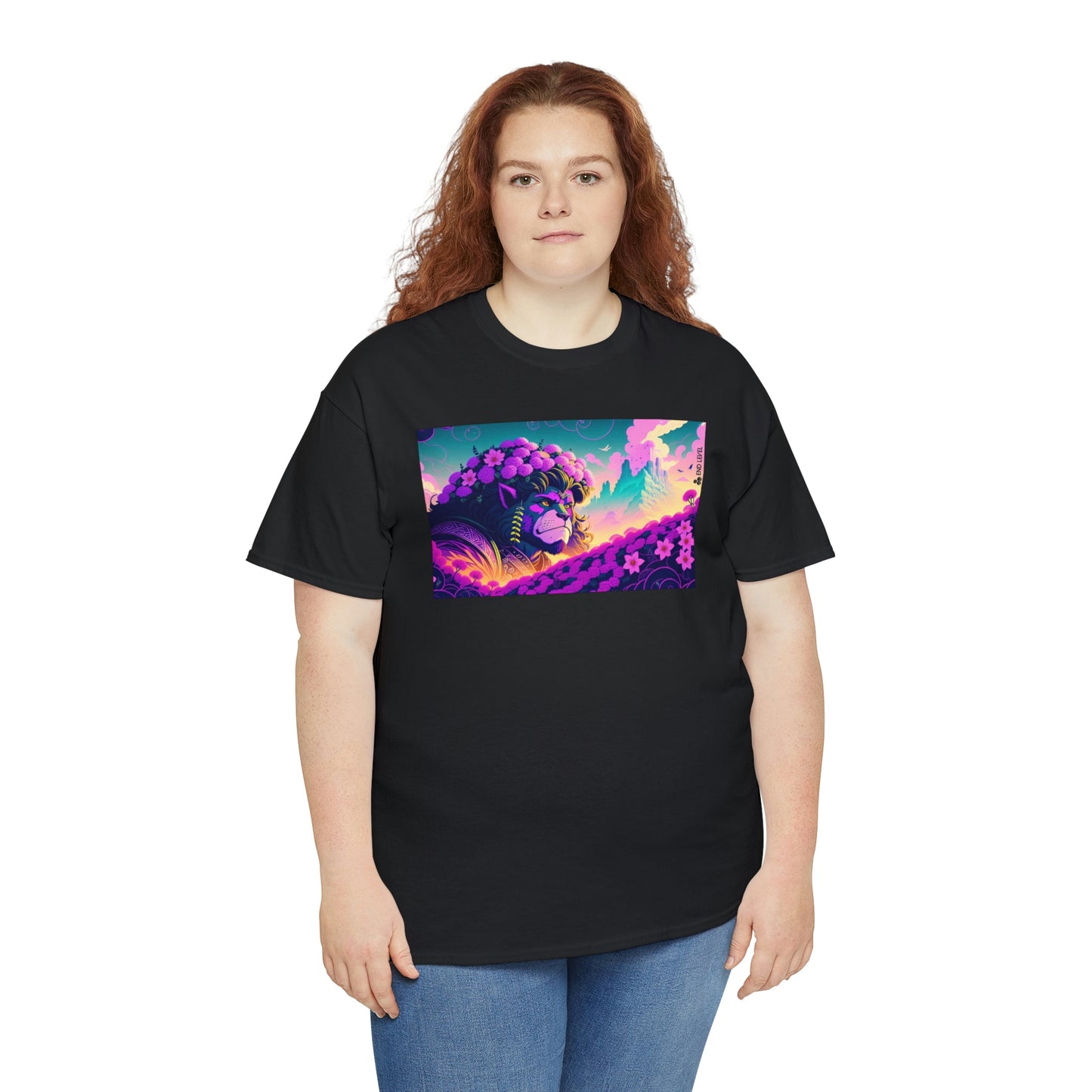 Woman wearing black King Blossom tee with red hair.