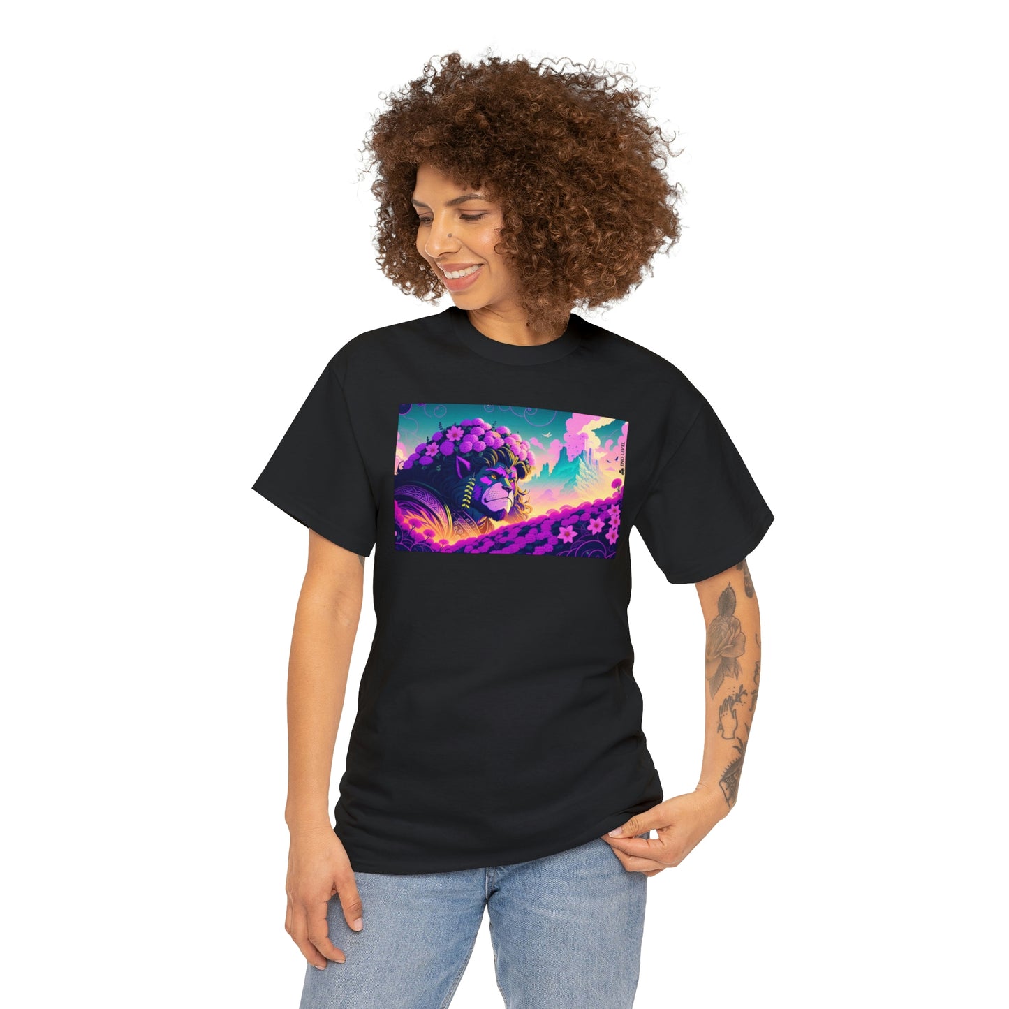 Woman wearing black King Blossom tee looking right with hand on left hip.