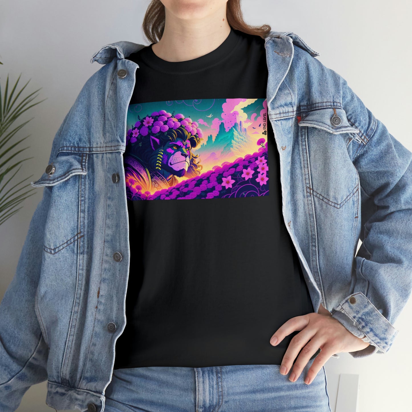 Woman wearing black King Blossom tee with hand on hip.