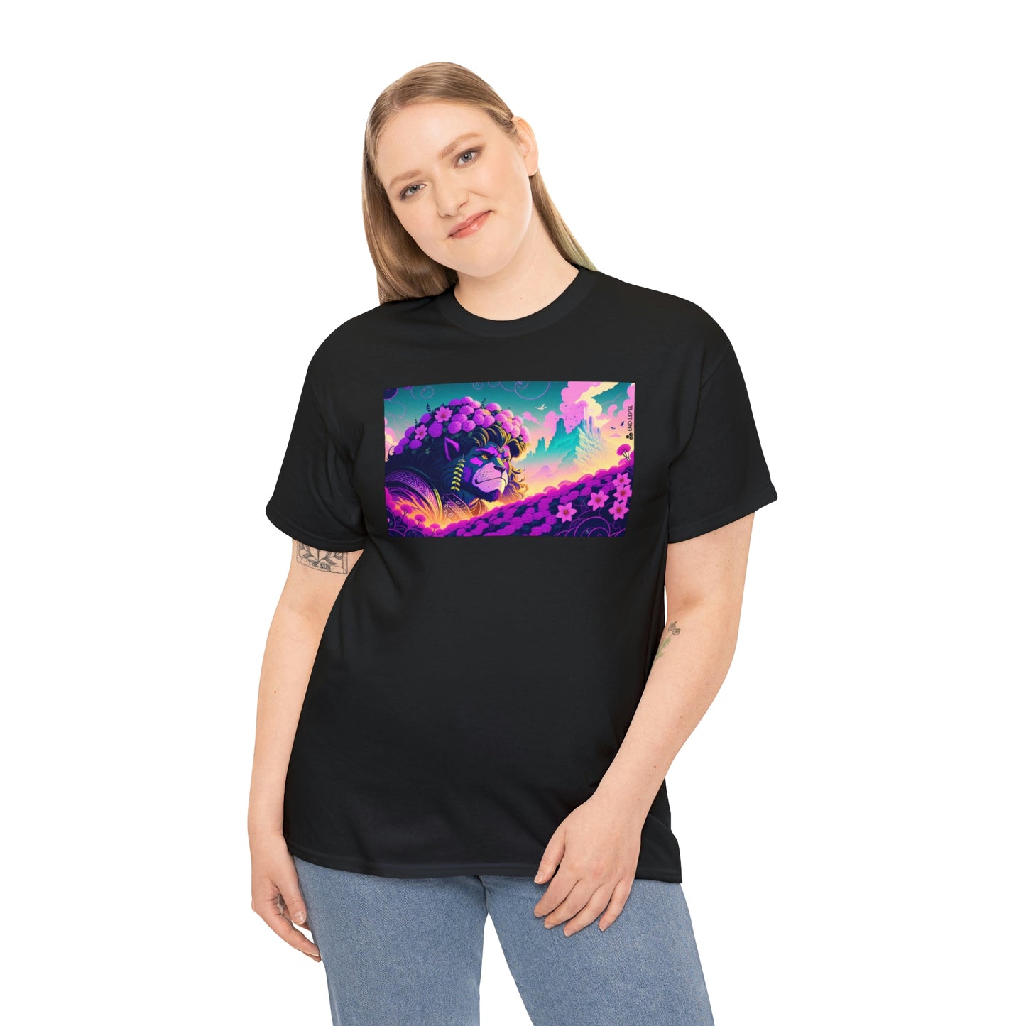 Woman wearing black King Blossom tee with hand on right side.
