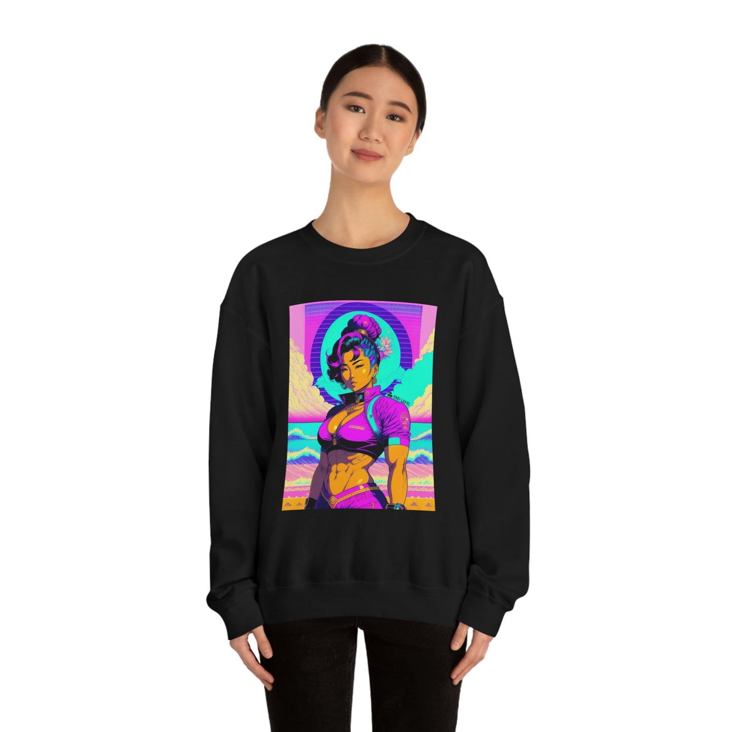 Woman wearing black Lady Lotus sweatshirt with black pants.