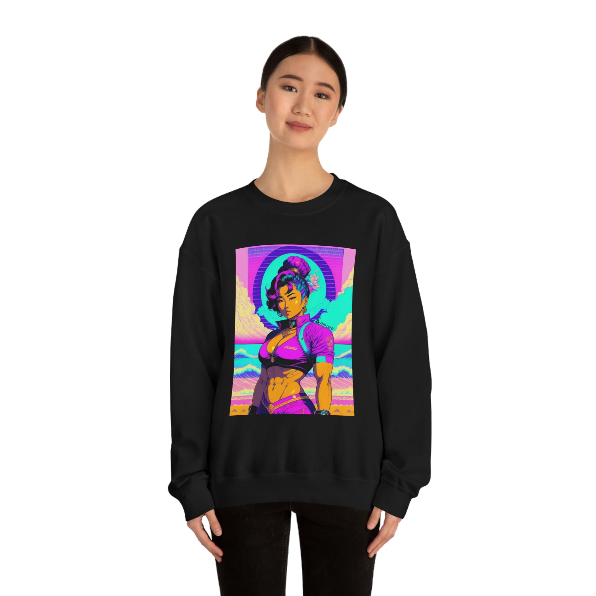Woman wearing black Lady Lotus sweatshirt with black pants.