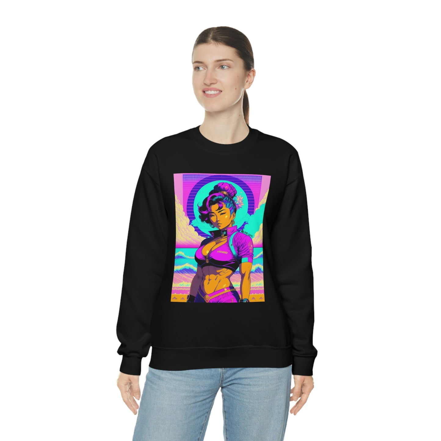 Woman wearing black Lady Lotus sweatshirt.