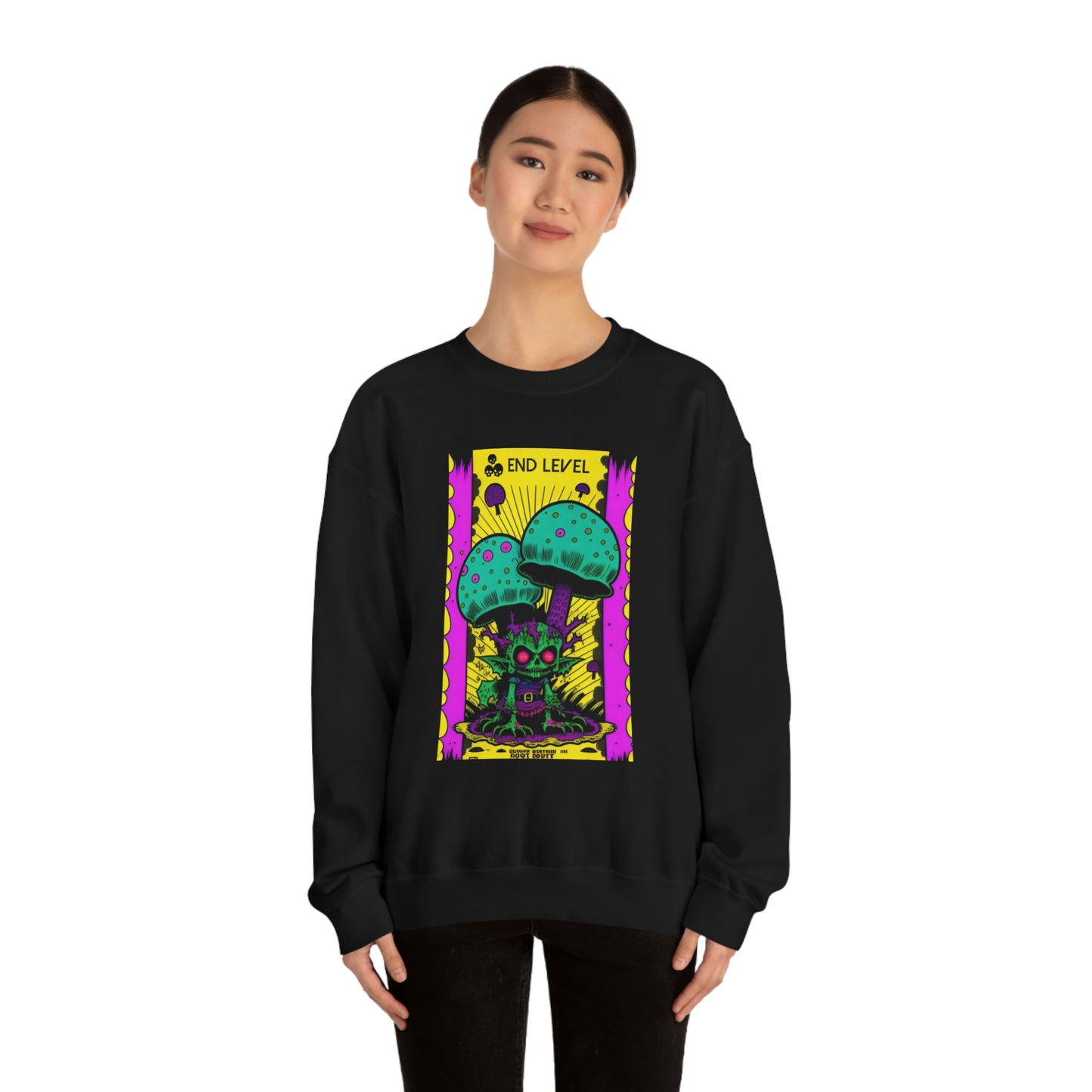 Woman wearing black Tea Time sweatshirt with black pants.