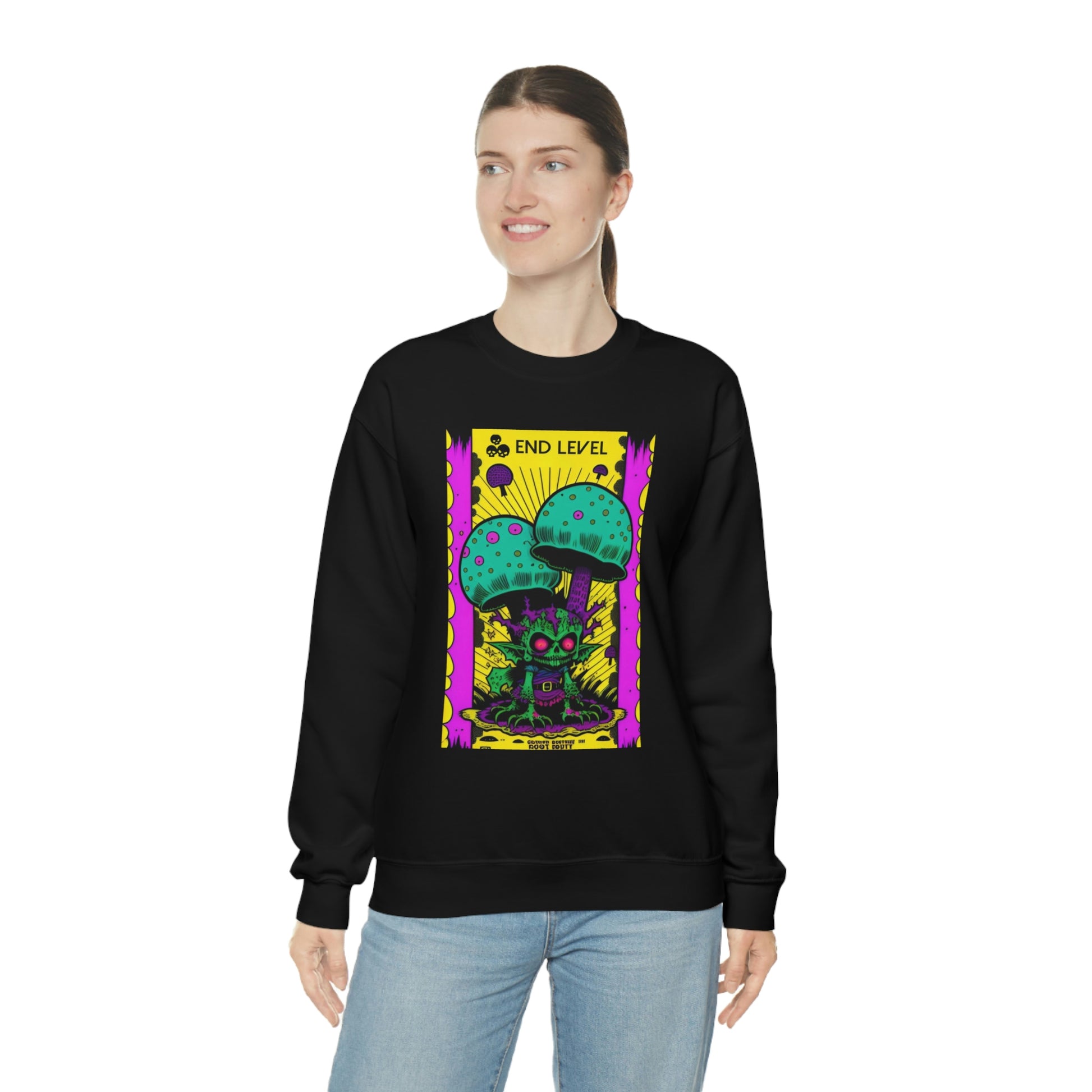 Woman wearing black Tea Time sweatshirt with blue jeans.