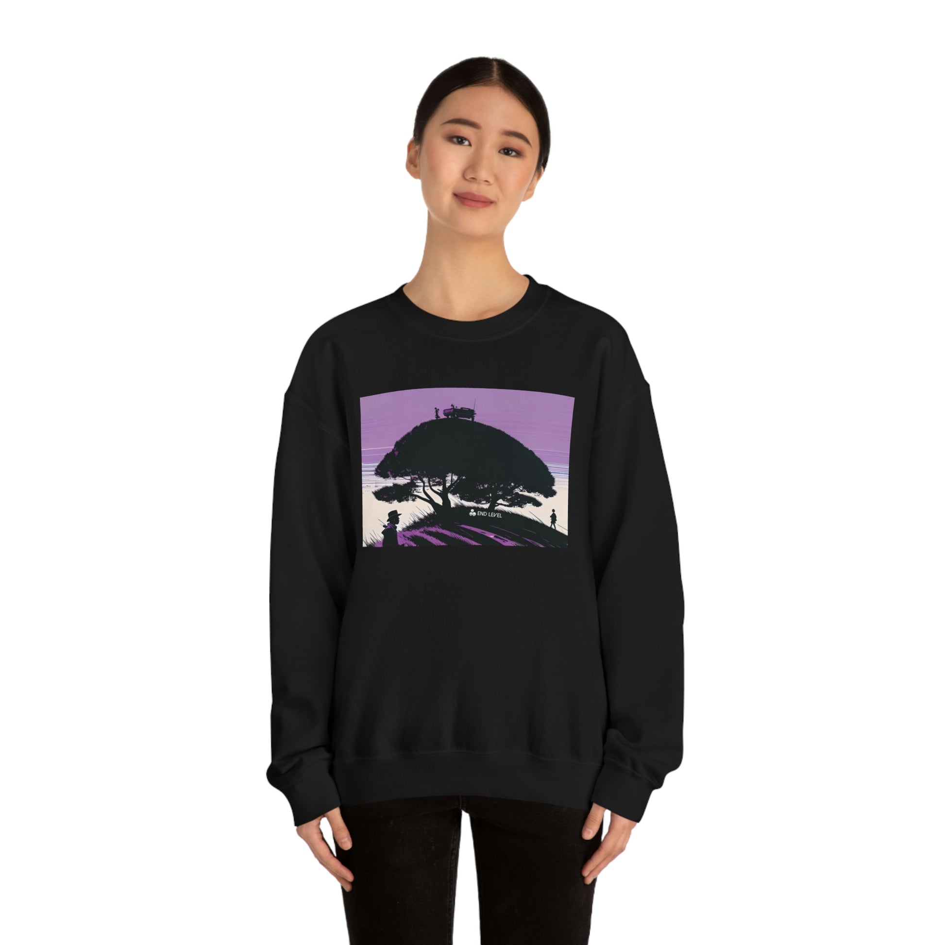 Woman wearing Tough Parking black sweatshirt with black pants.