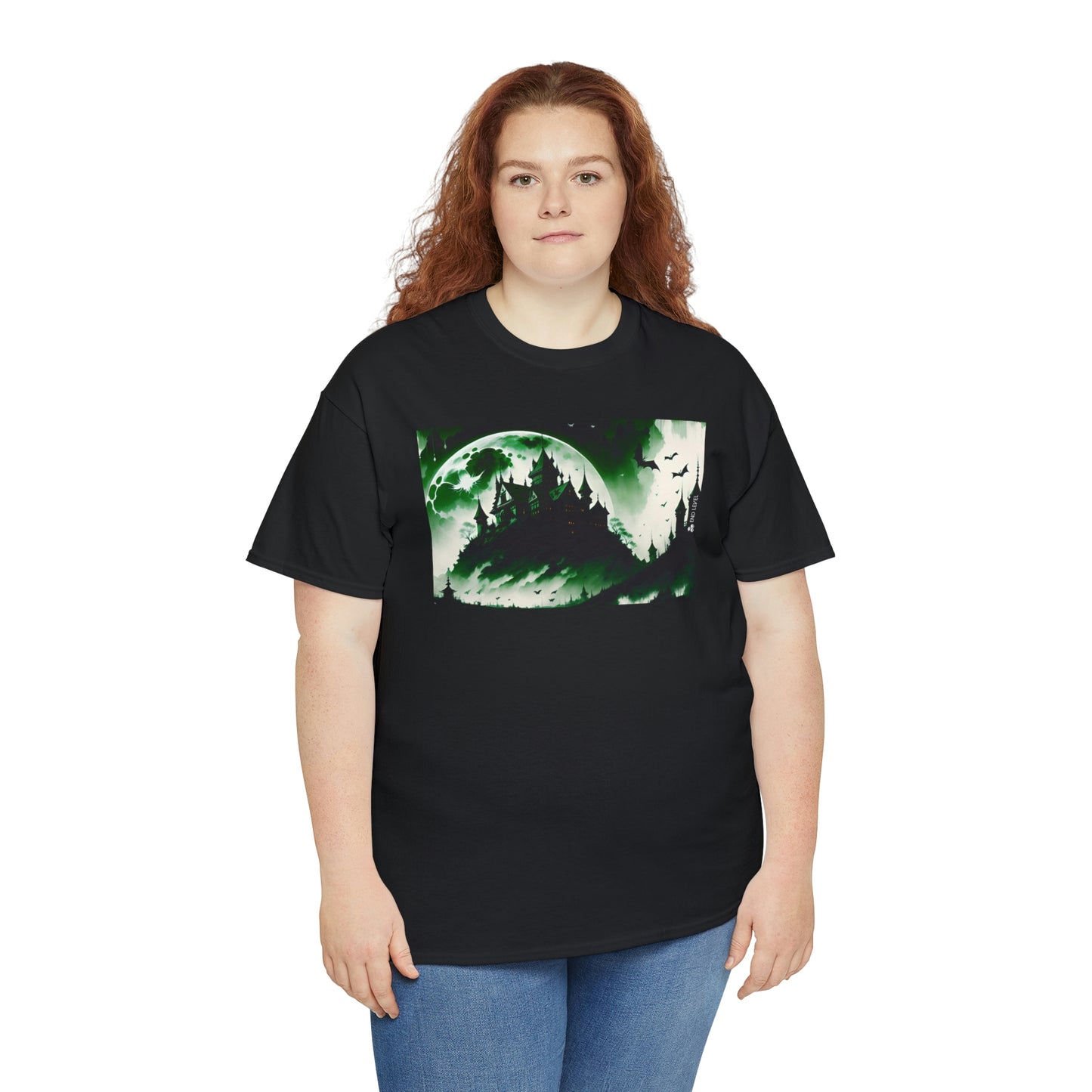 Woman wearing Count's Cliff black tee with red hair.