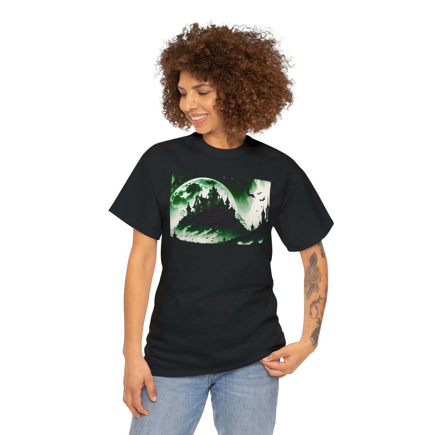 Woman wearing Count's Cliff black tee looking to the right with hand on left hip.
