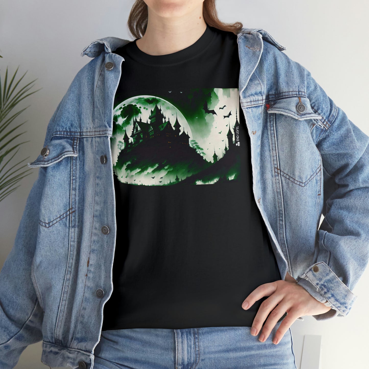 Woman wearing Count's Cliff design black tee with hand on hip.