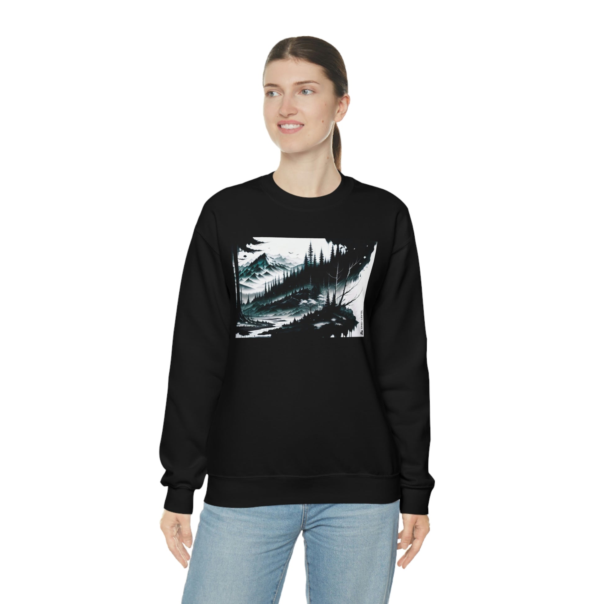 Woman wearing Grim Peak black sweatshirt with blue jeans.