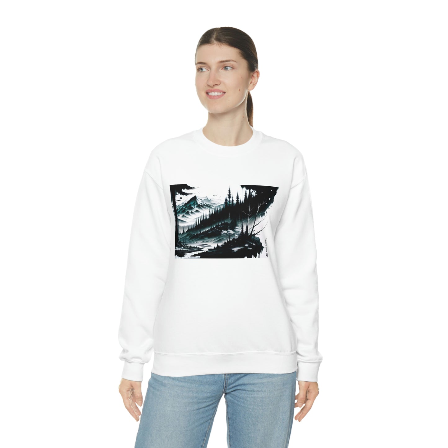 Woman wearing Grim Peak white sweatshirt with blue jeans.