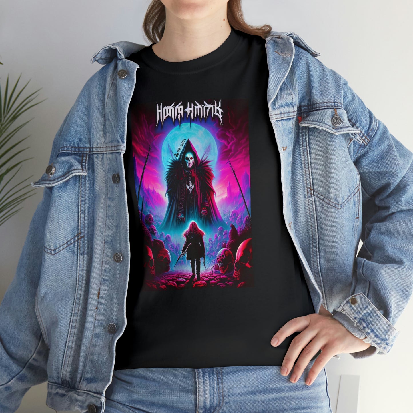 Woman wearing Kul's Realm design black tee with hand on hip.