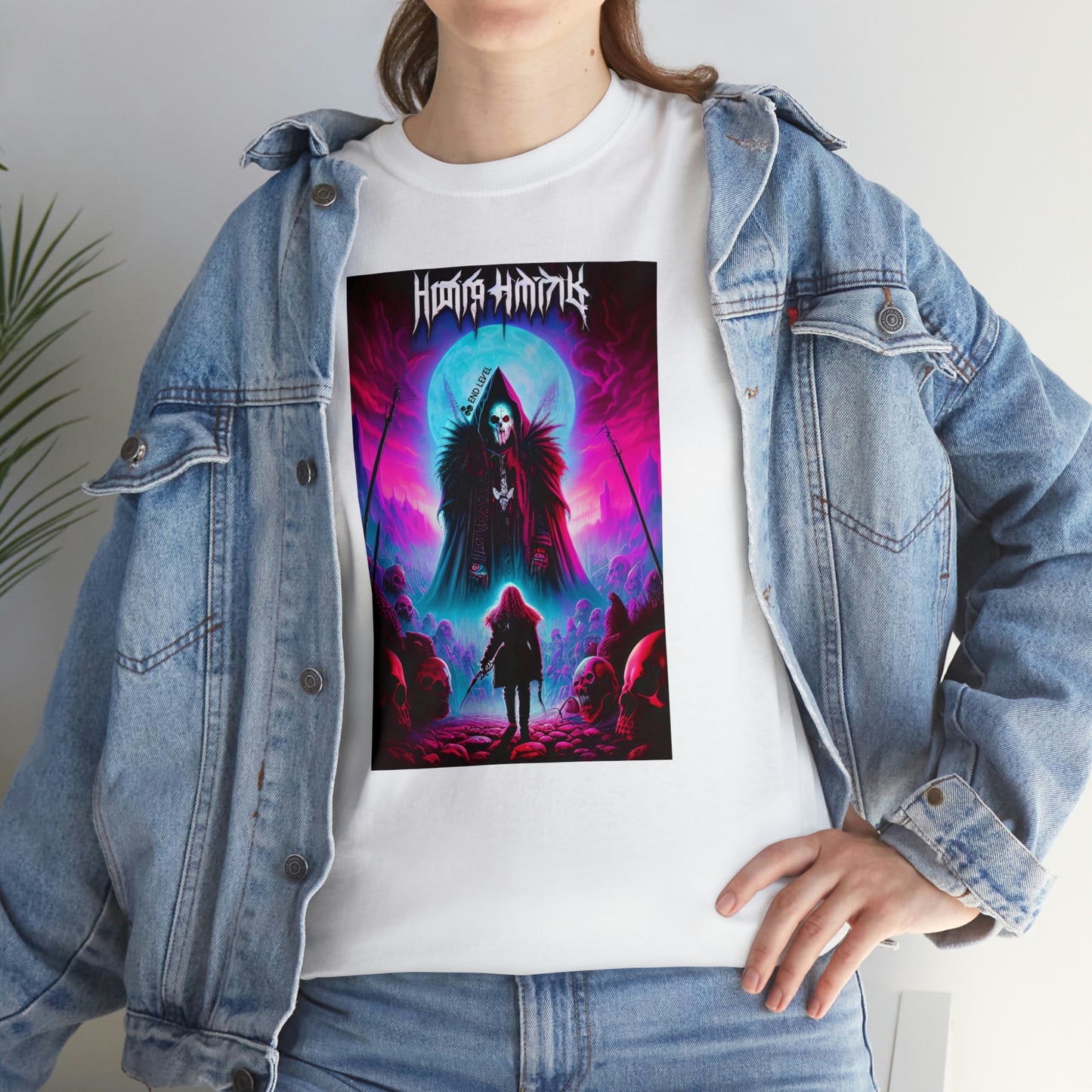 Woman wearing Kul's Realm design white tee with hand on hip.