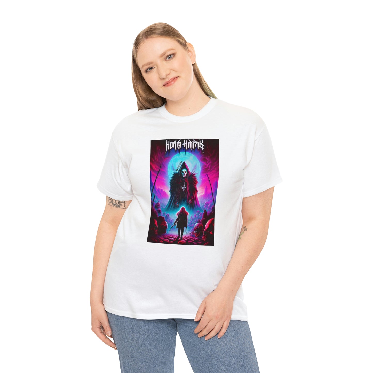 Woman wearing Kul's Realm white tee with hand on right side.