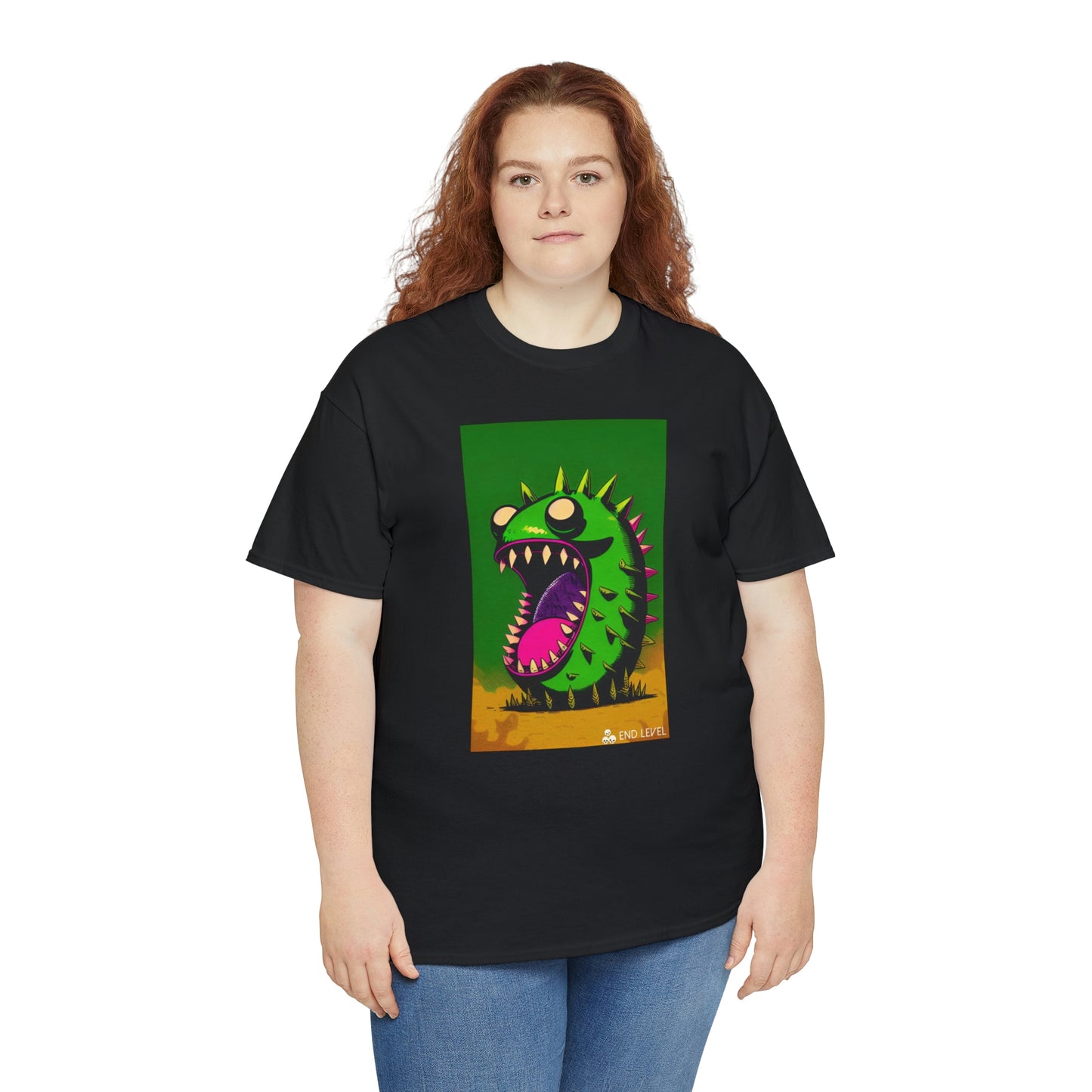 Woman wearing Mighty Zook black tee with red hair.