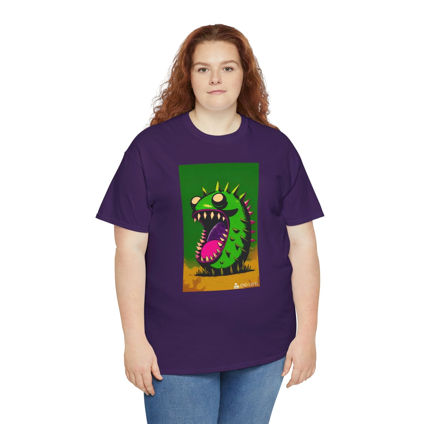 Woman wearing Mighty Zook purple tee with red hair.