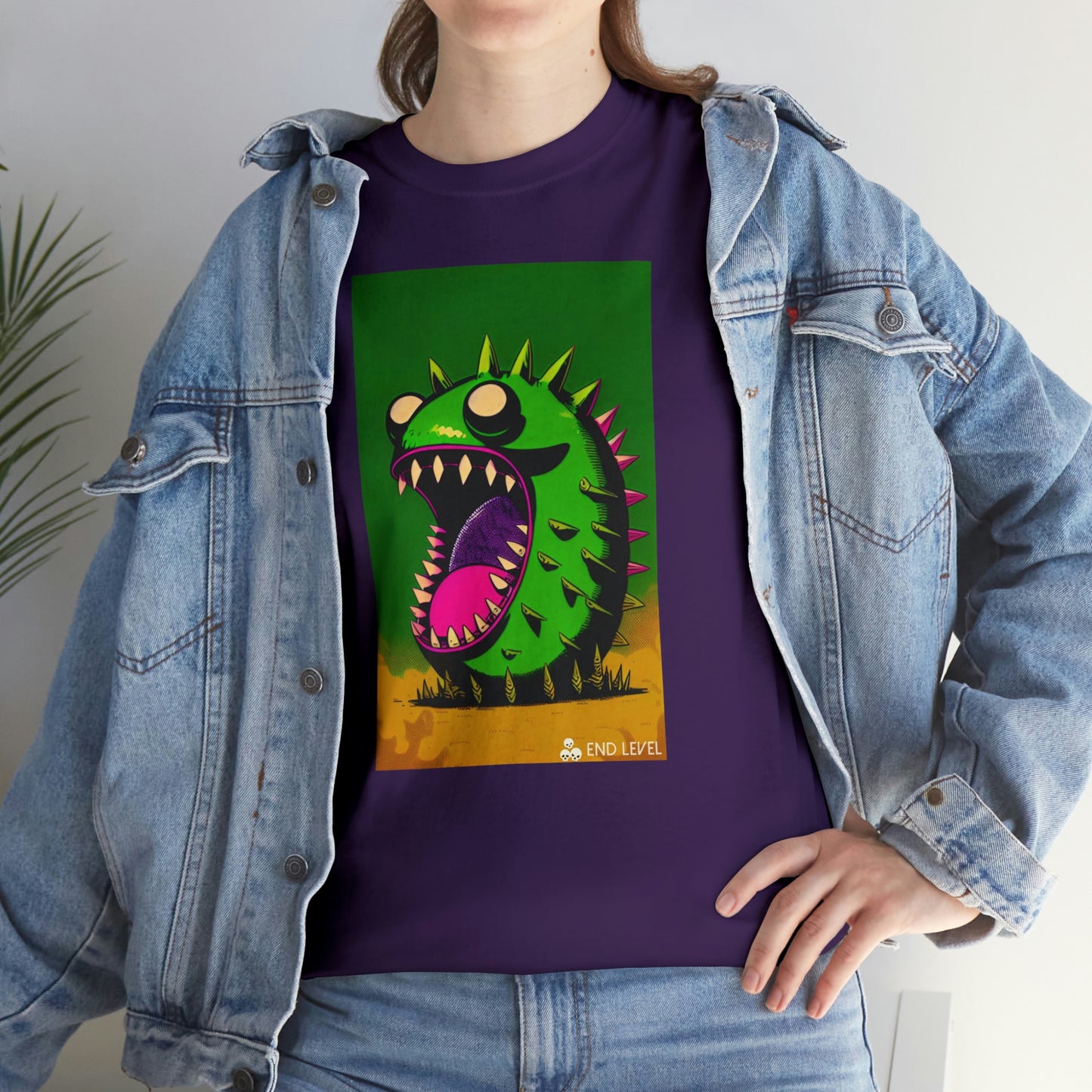 Woman wearing Mighty Zook design purple tee with hand on hip.