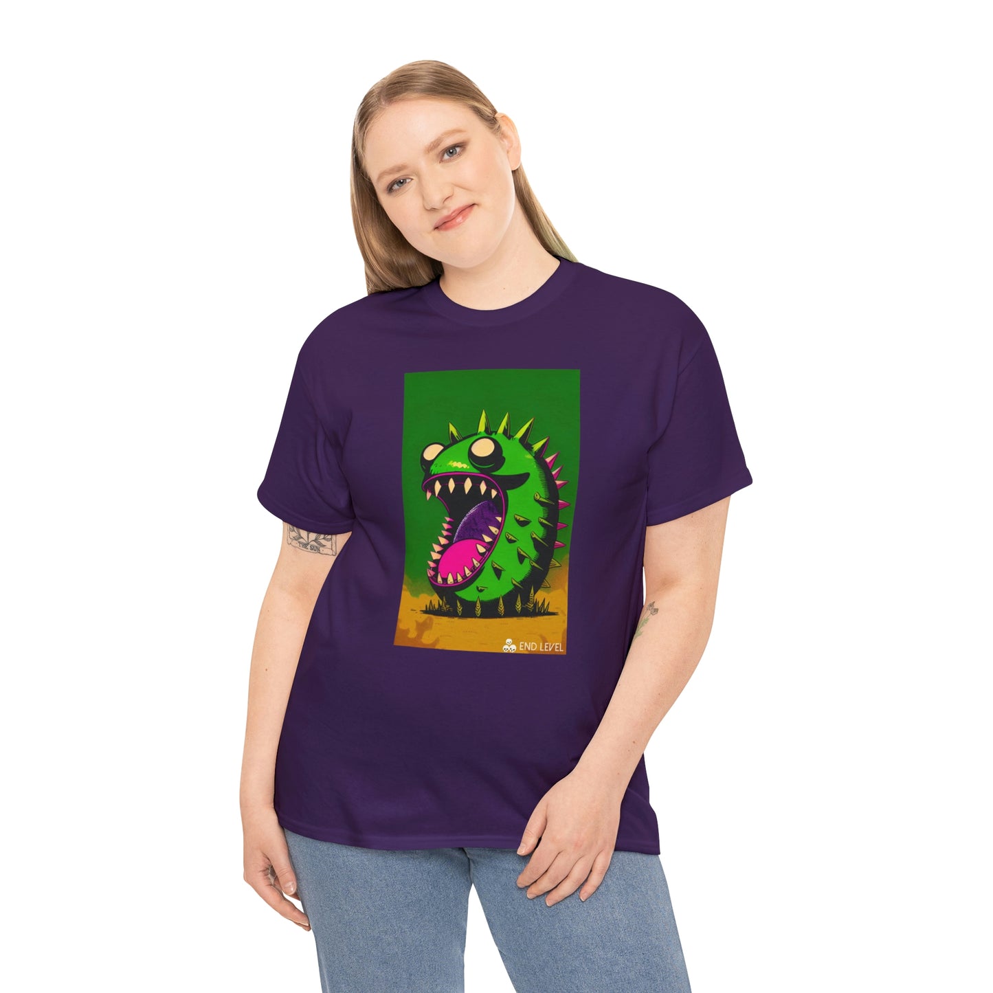 Woman wearing Mighty Zook purple tee with hand on right side.