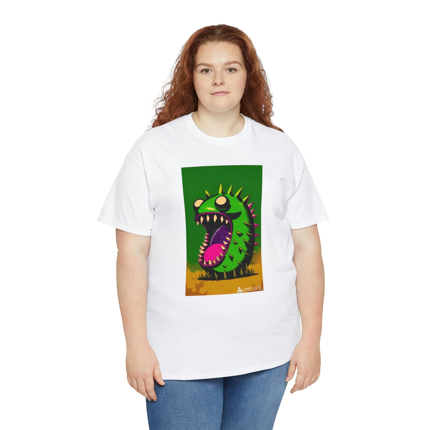Woman wearing Mighty Zook white tee with red hair.
