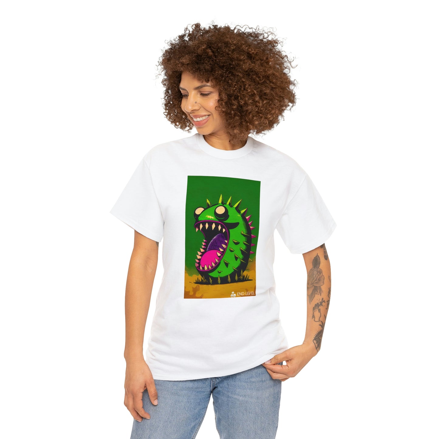 Woman wearing Mighty Zook white tee looking to the right with hand on left hip.