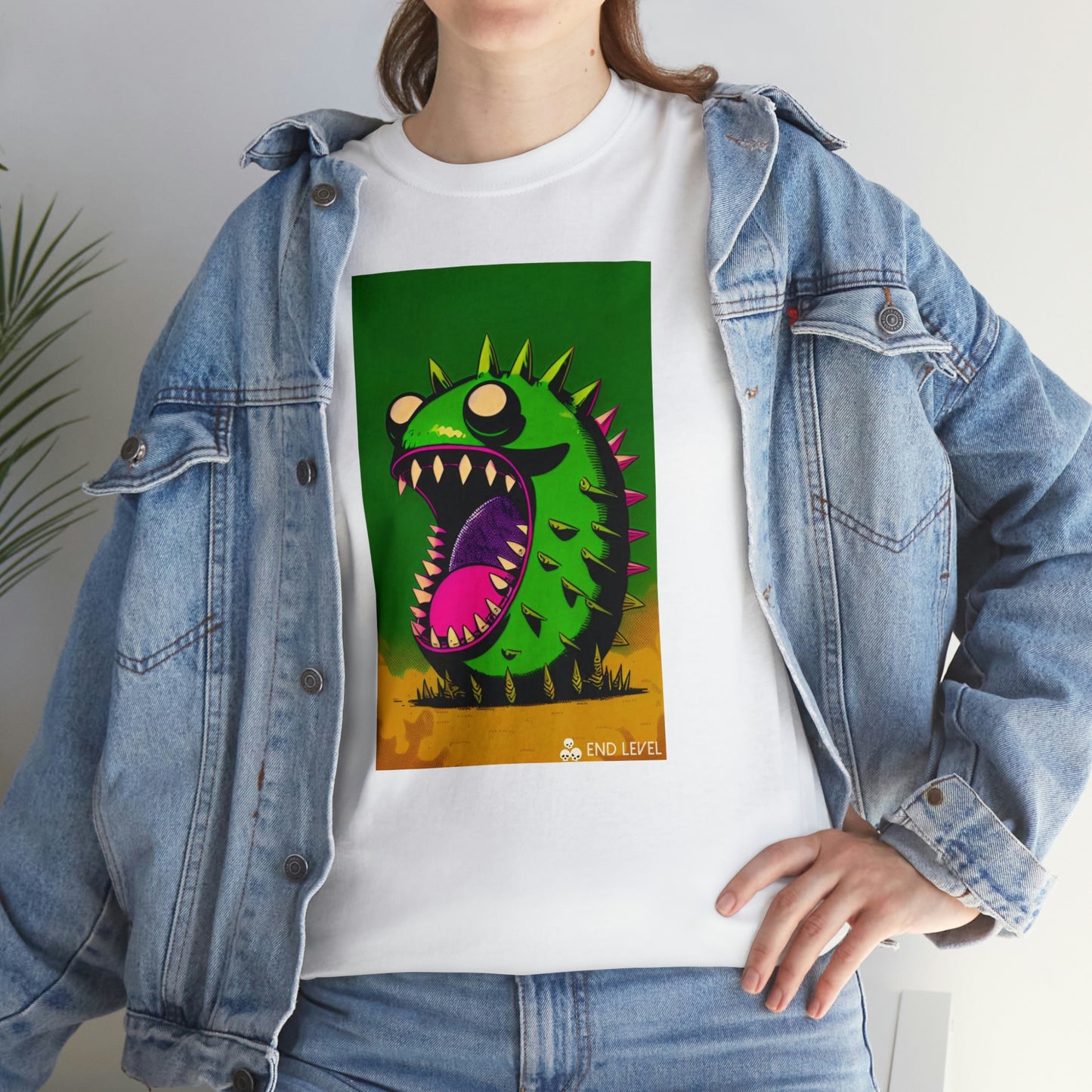Woman wearing Mighty Zook design white tee with hand on hip.