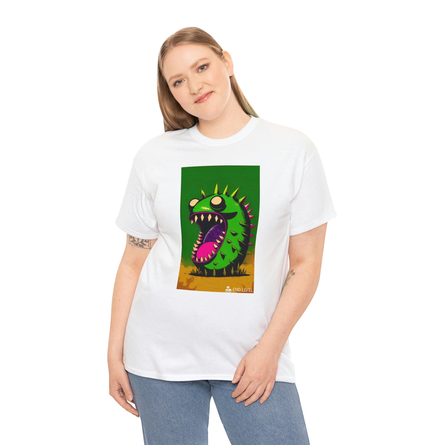 Woman wearing Mighty Zook white tee with hand on right side.