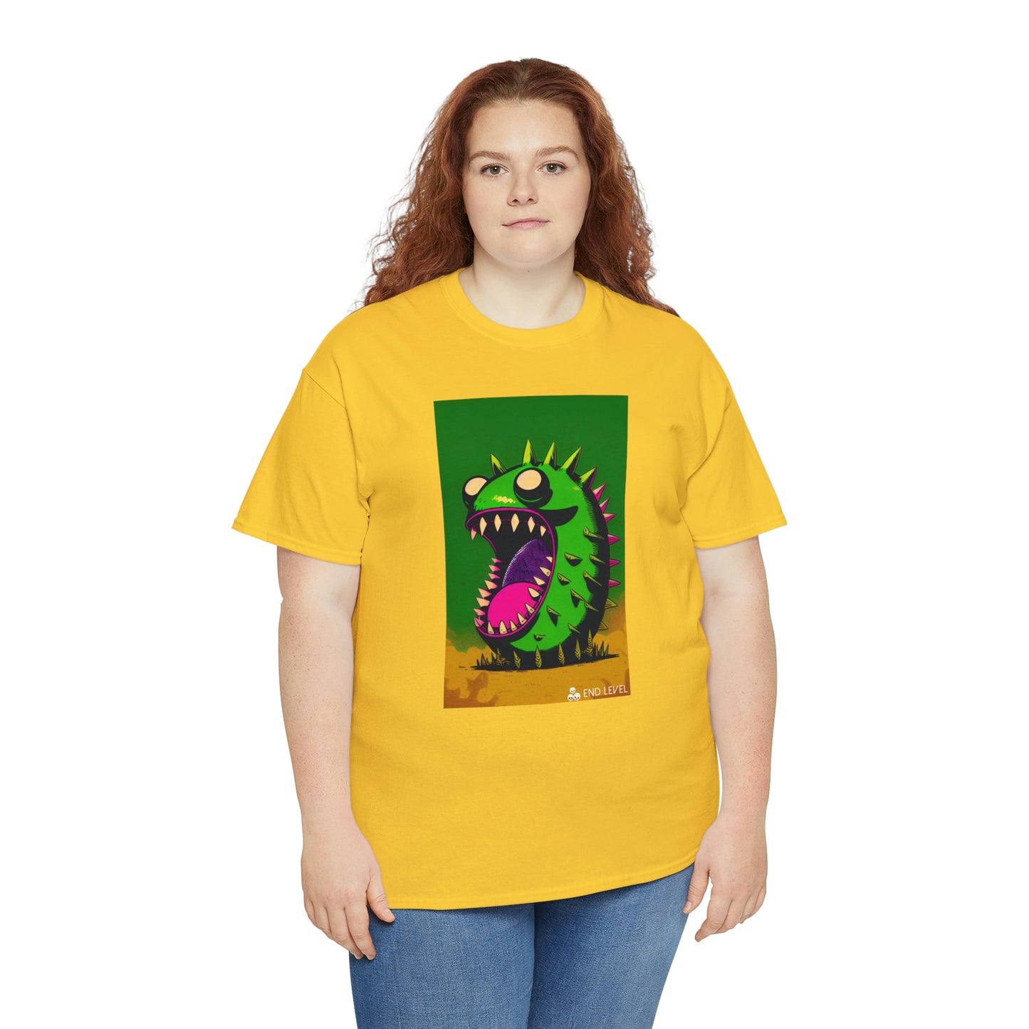 Woman wearing Mighty Zook yellow tee with red hair.