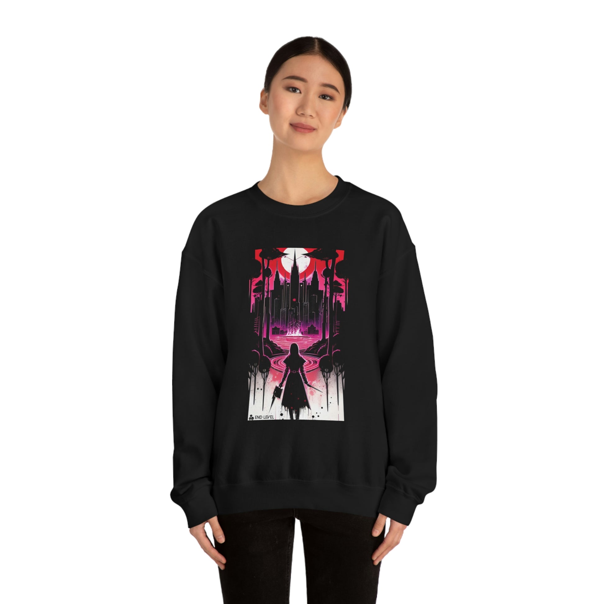 Woman wearing Night of Malice black sweatshirt with black pants.