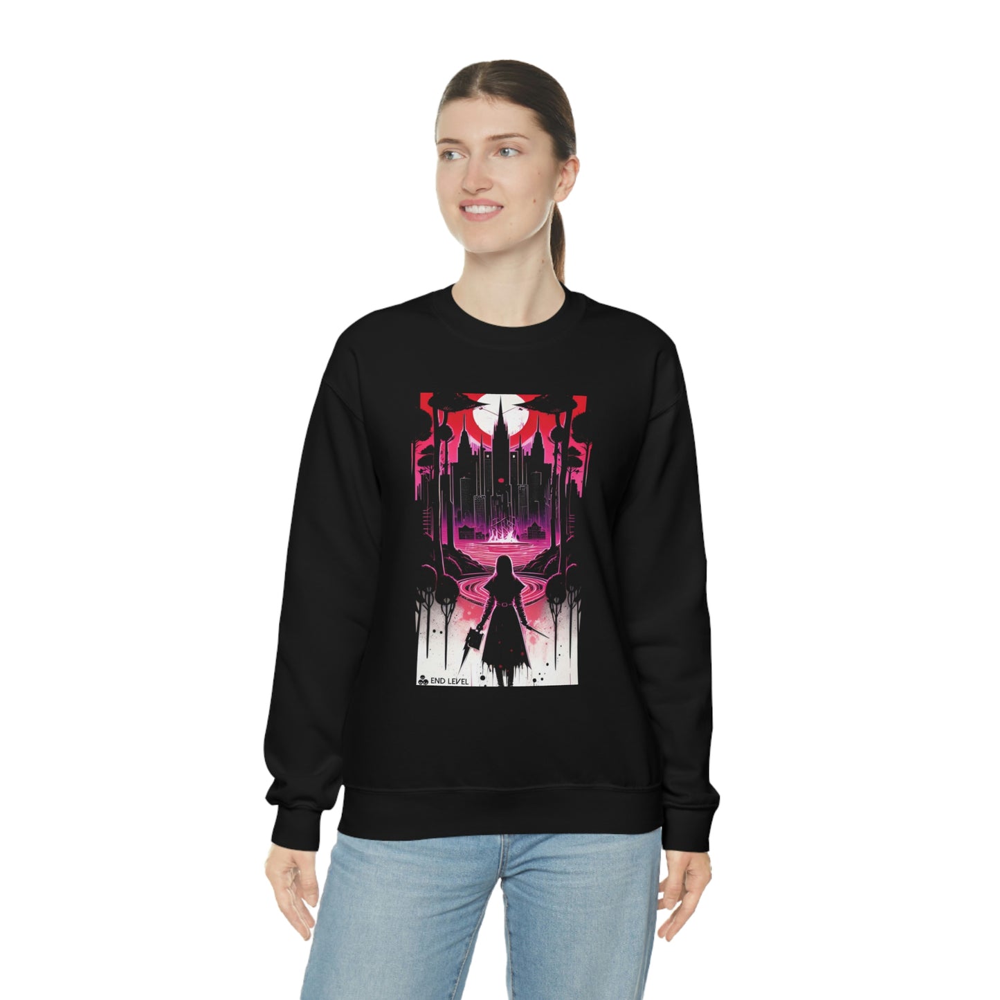 Woman wearing Night of Malice white sweatshirt with blue jeans.