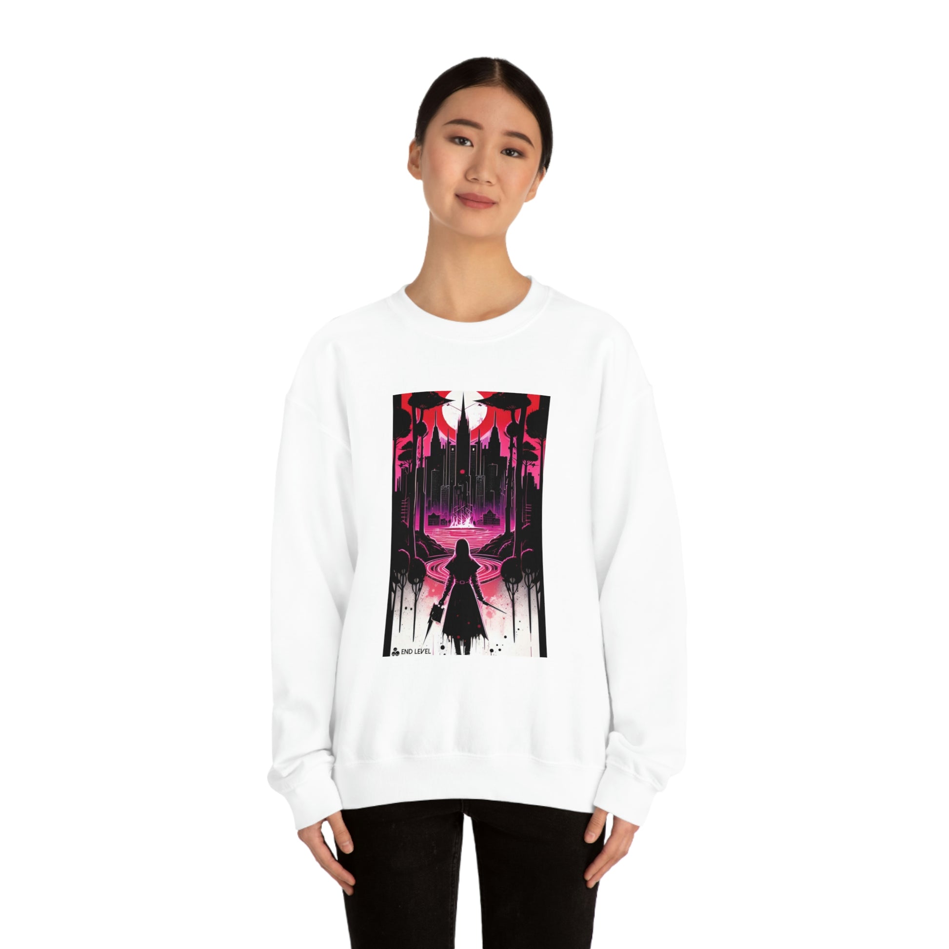 Woman wearing Night of Malice white sweatshirt with black pants.