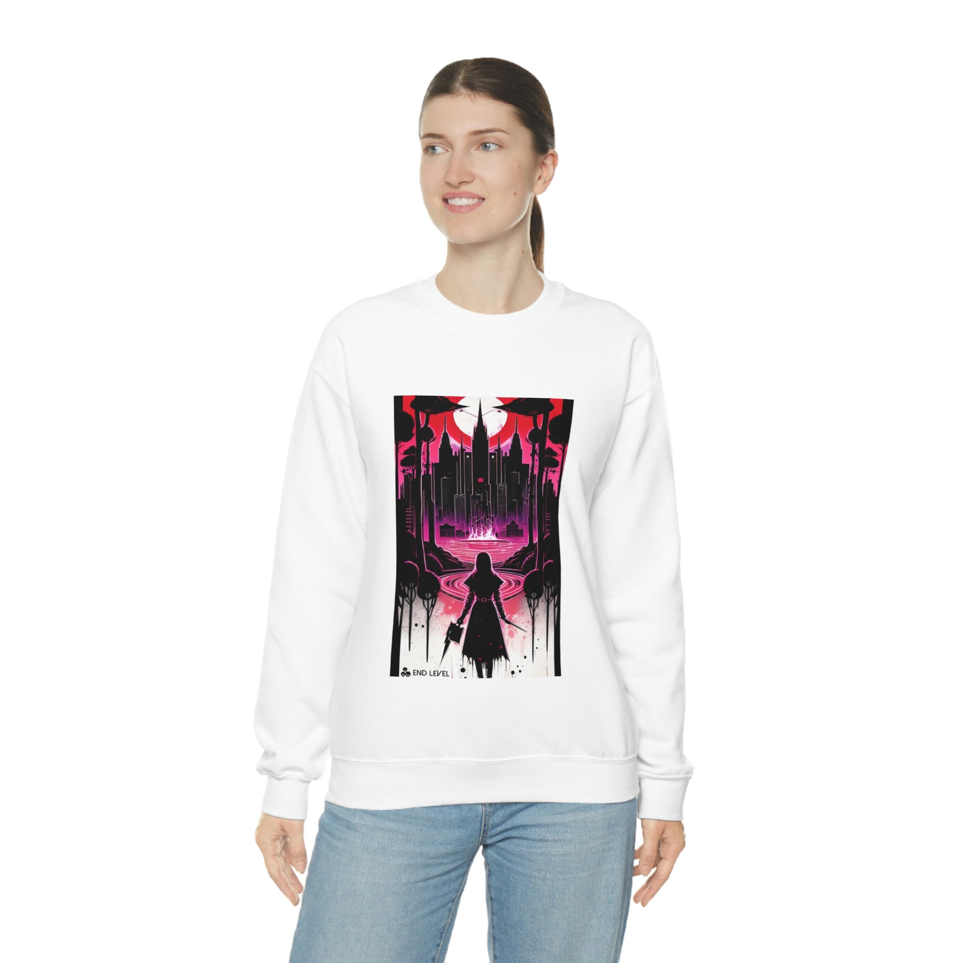 Woman wearing Night of Malice white sweatshirt with blue jeans.