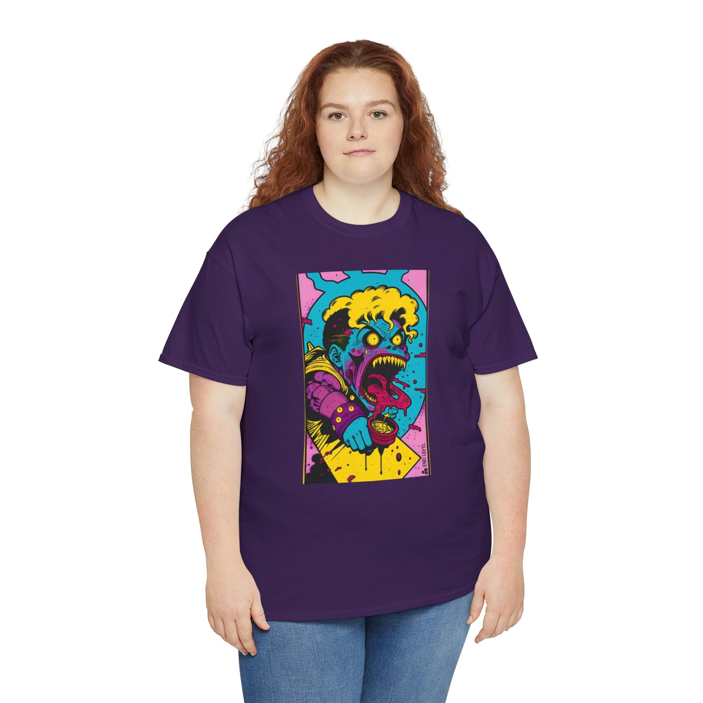 Woman wearing purple Eat Yo Veggies tee and red hair.