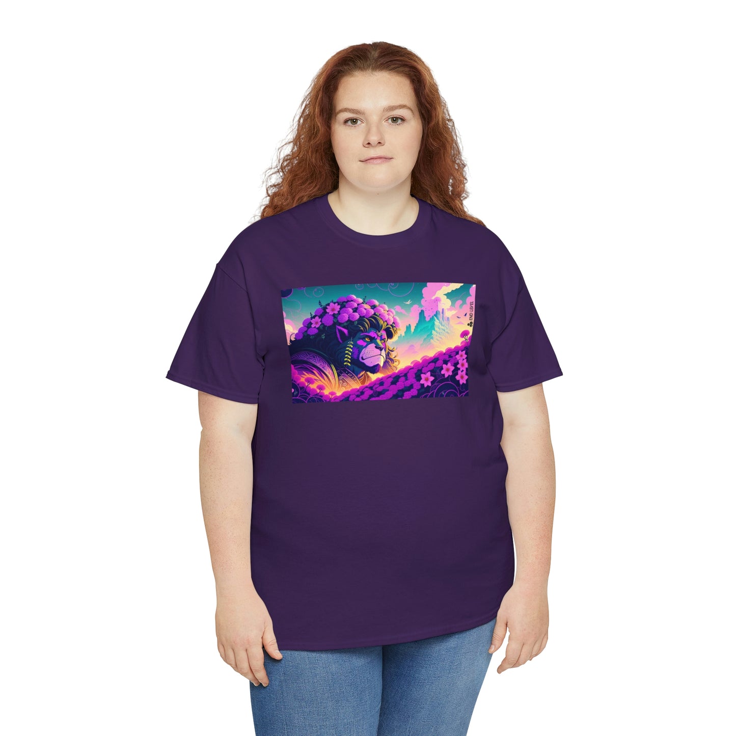 Woman wearing purple King Blossom tee with red hair.