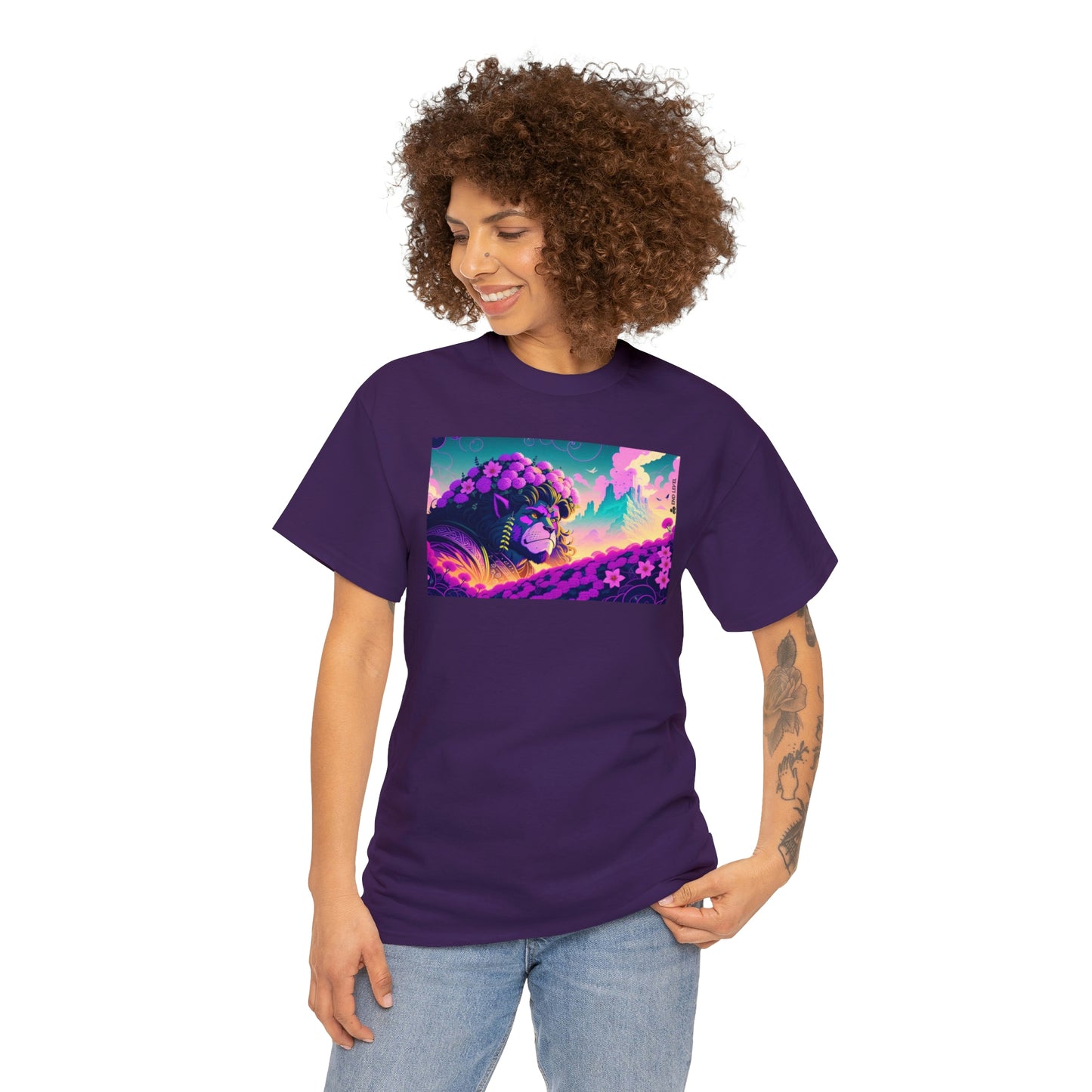 Woman wearing purple King Blossom tee looking right with hand on left hip.