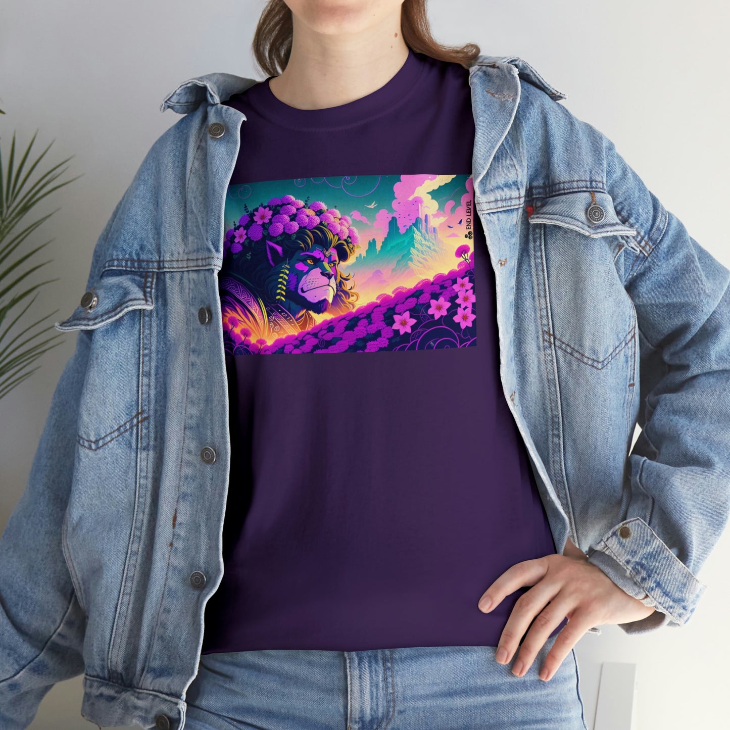 Woman wearing purple King Blossom tee with hand on hip.