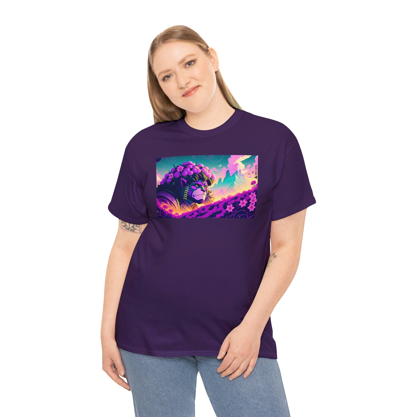 Woman wearing purple King Blossom tee with hand on right side.