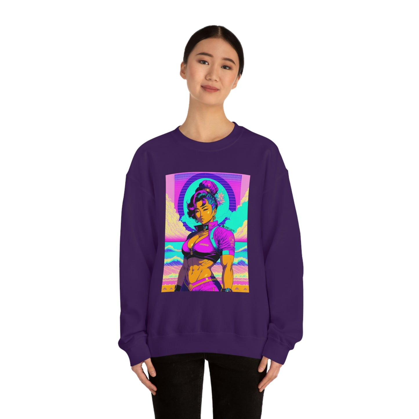 Woman wearing purple Lady Lotus sweatshirt with black pants.