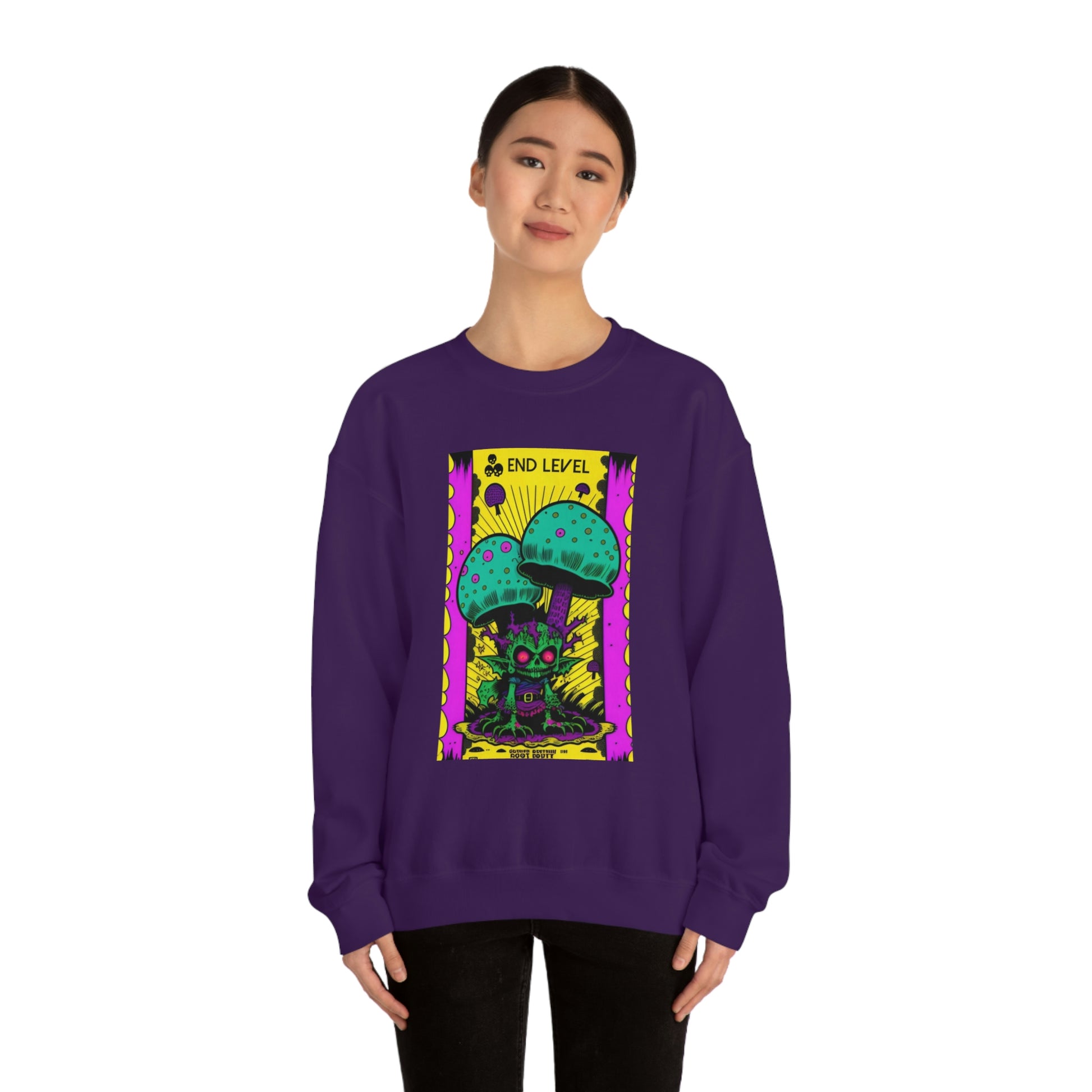 Woman wearing purple Tea Time sweatshirt with black pants.