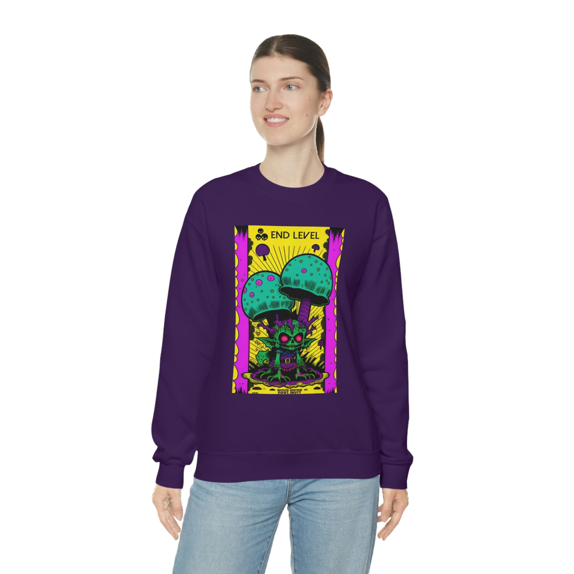 Woman wearing purple Tea Time sweatshirt with blue jeans.