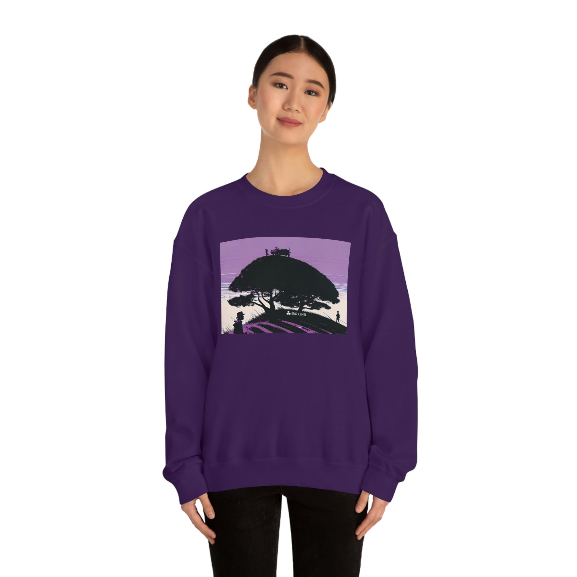 Woman wearing Tough Parking purple sweatshirt with black pants.