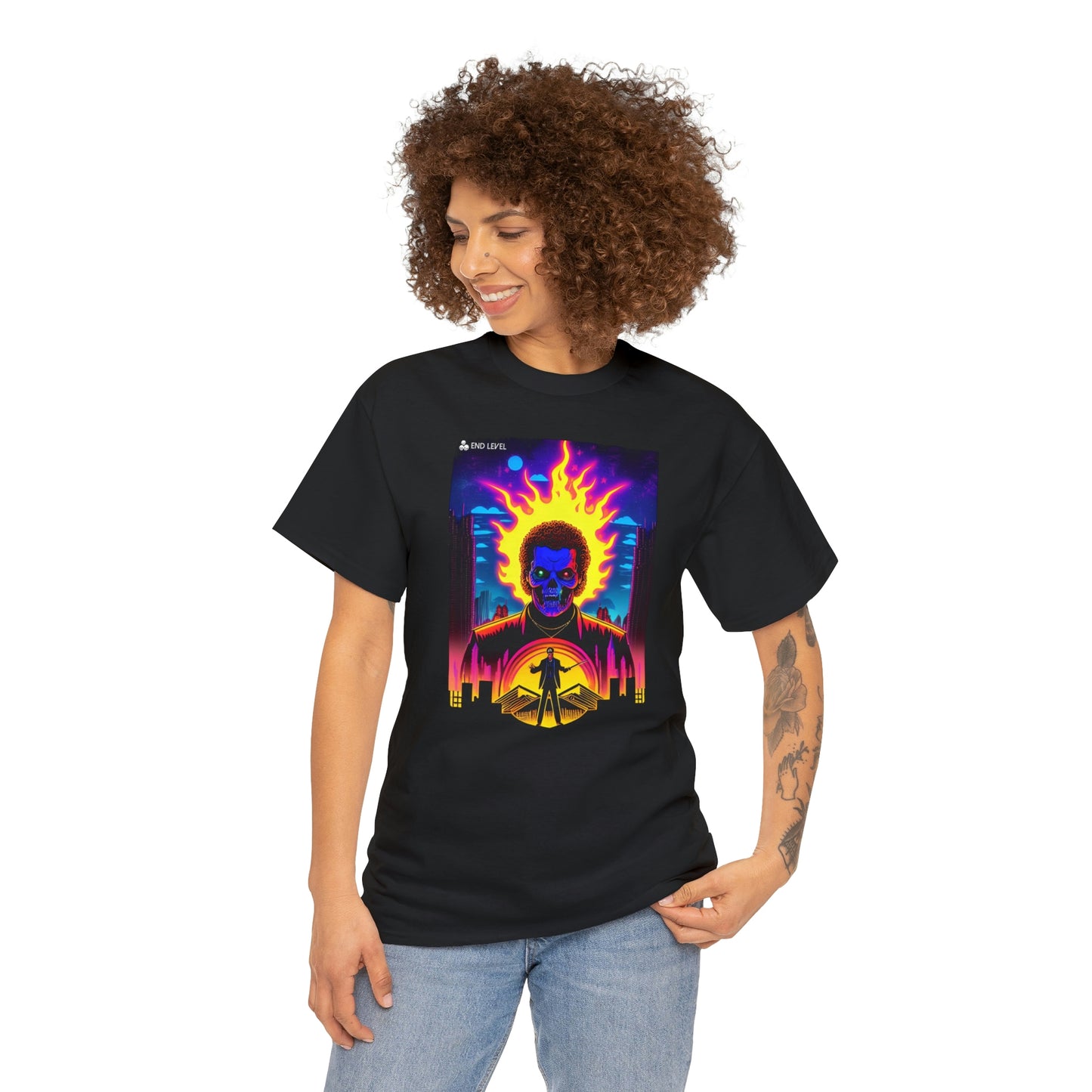 Woman wearing Rooster Samurai black tee looking to the right with hand on left hip.