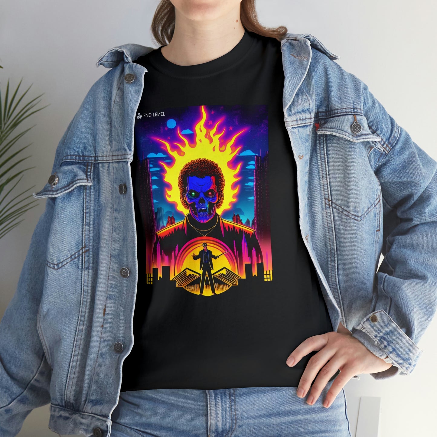 Woman wearing Rooster Samurai design black tee with hand on hip.