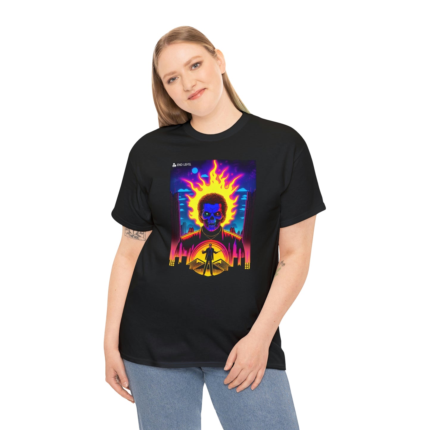 Woman wearing Rooster Samurai black tee with hand on right side.