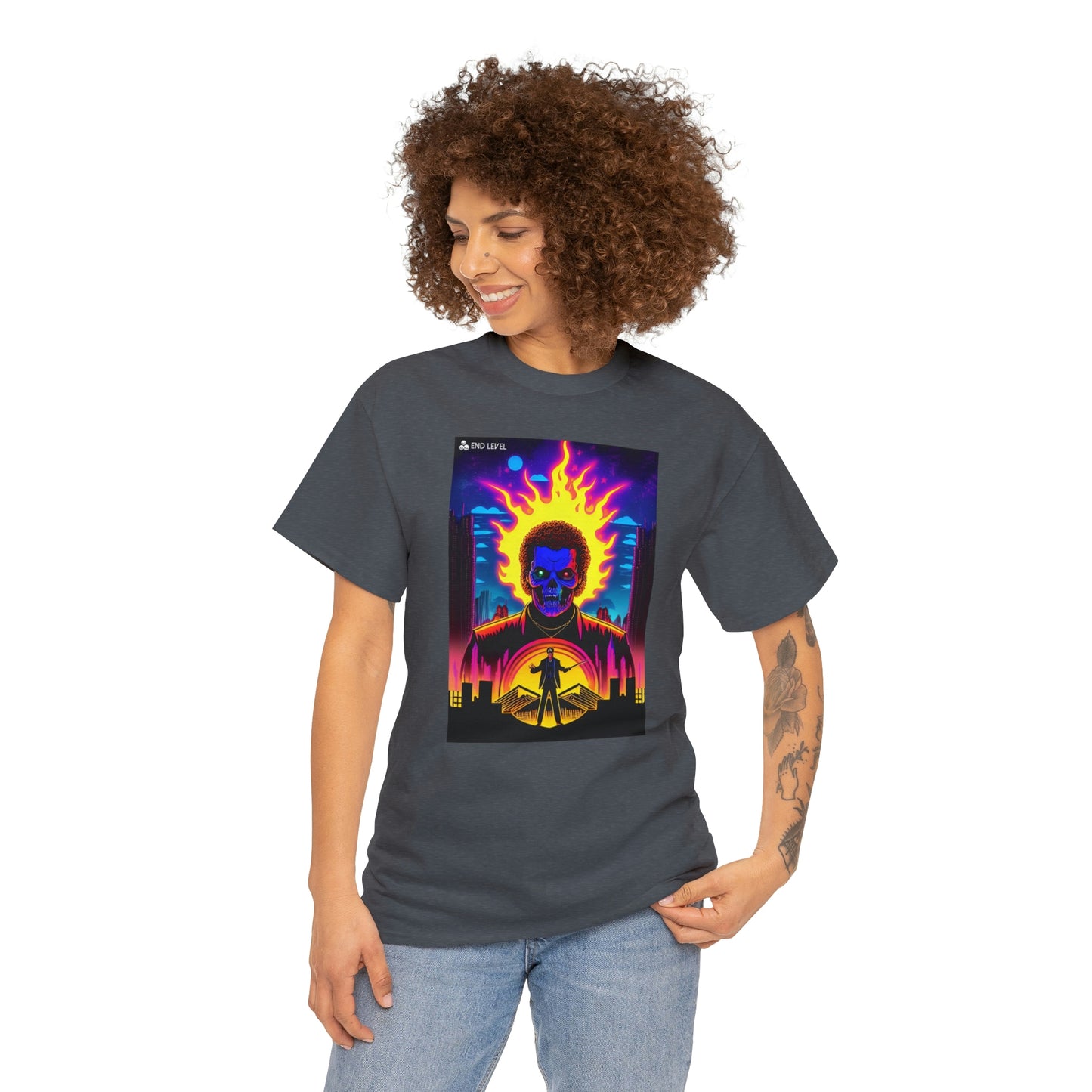 Woman wearing Rooster Samurai grey tee looking to the right with hand on left hip.