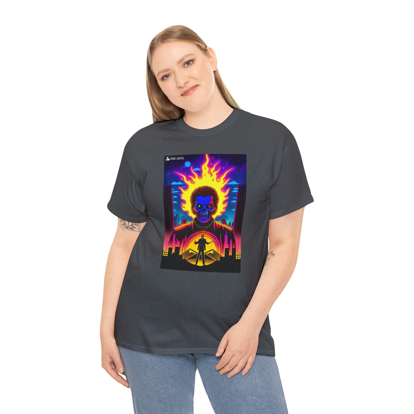 Woman wearing Rooster Samurai grey tee with hand on right side.