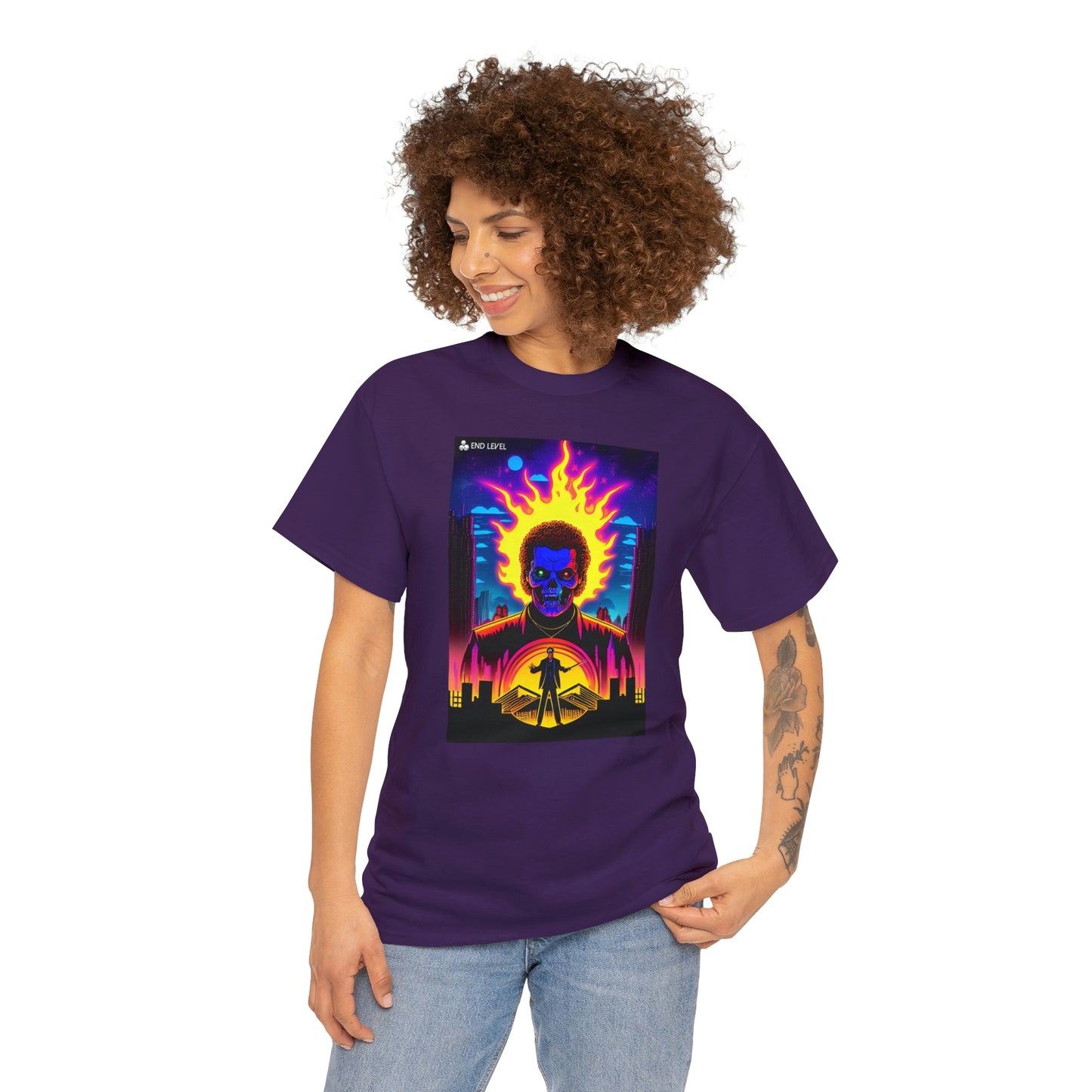 Woman wearing Rooster Samurai purple tee looking to the right with hand on left hip.