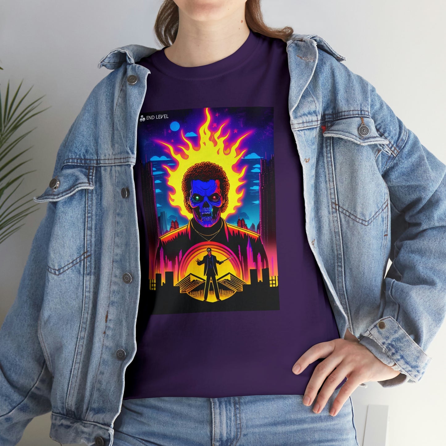 Woman wearing Rooster Samurai design purple tee with hand on hip.