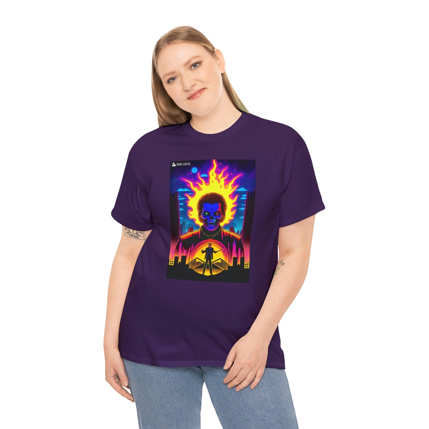 Woman wearing Rooster Samurai purple tee with hand on right side.