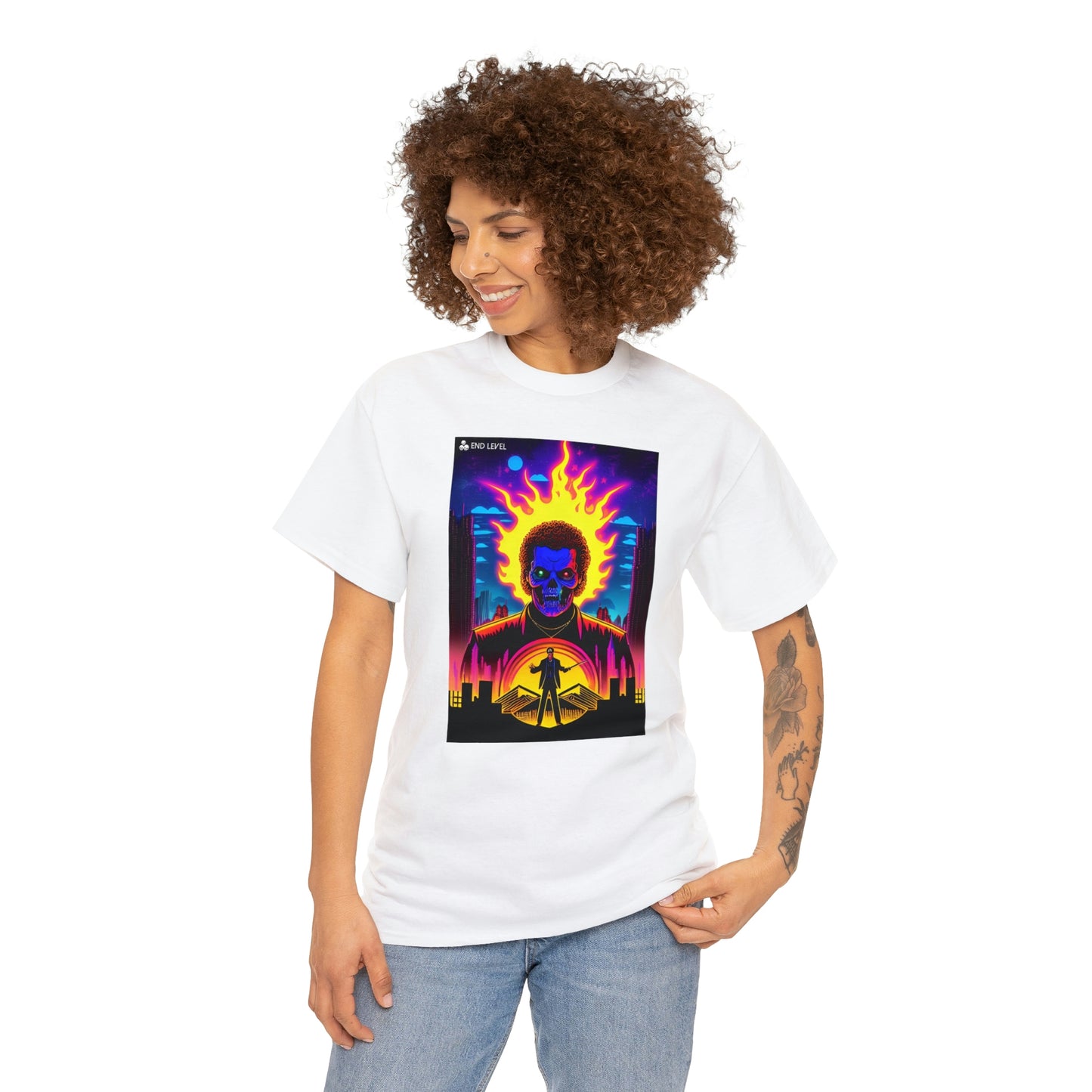 Woman wearing Rooster Samurai white tee looking to the right with hand on left hip.